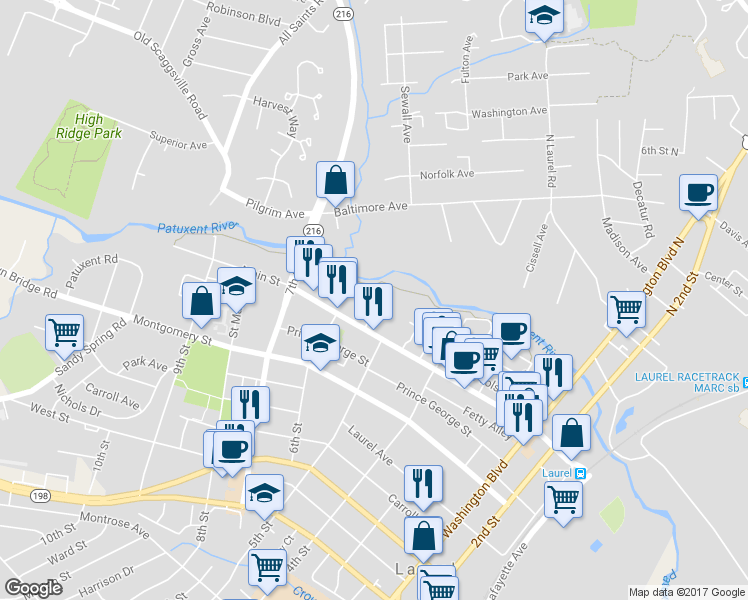 map of restaurants, bars, coffee shops, grocery stores, and more near in Laurel