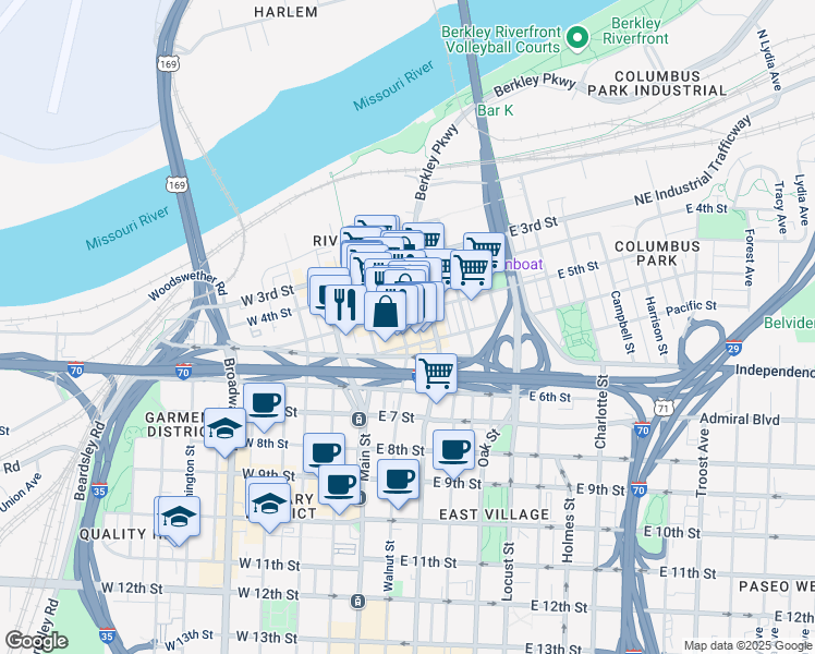 map of restaurants, bars, coffee shops, grocery stores, and more near 511 Walnut Street in Kansas City