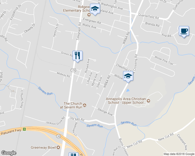 map of restaurants, bars, coffee shops, grocery stores, and more near 141 Myrtle Avenue in Severn