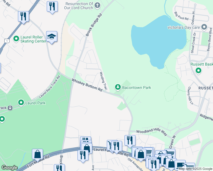 map of restaurants, bars, coffee shops, grocery stores, and more near 8431 Winding Trail in Laurel