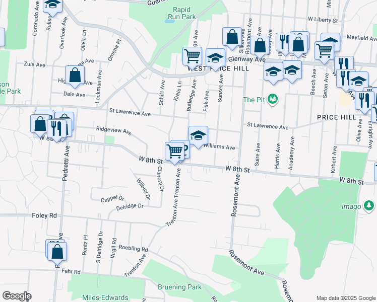 map of restaurants, bars, coffee shops, grocery stores, and more near 4151 Saint Williams Avenue in Cincinnati