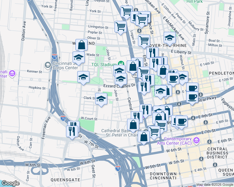 map of restaurants, bars, coffee shops, grocery stores, and more near 440 Hopkins Street in Cincinnati