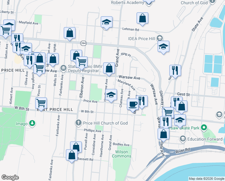 map of restaurants, bars, coffee shops, grocery stores, and more near 929 Grand Avenue in Cincinnati