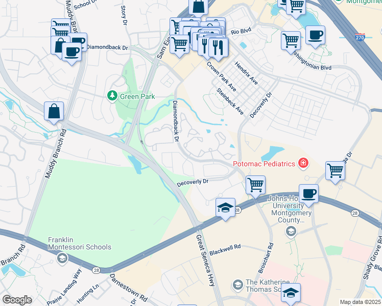 map of restaurants, bars, coffee shops, grocery stores, and more near 9901 Gable Ridge Terrace in Rockville