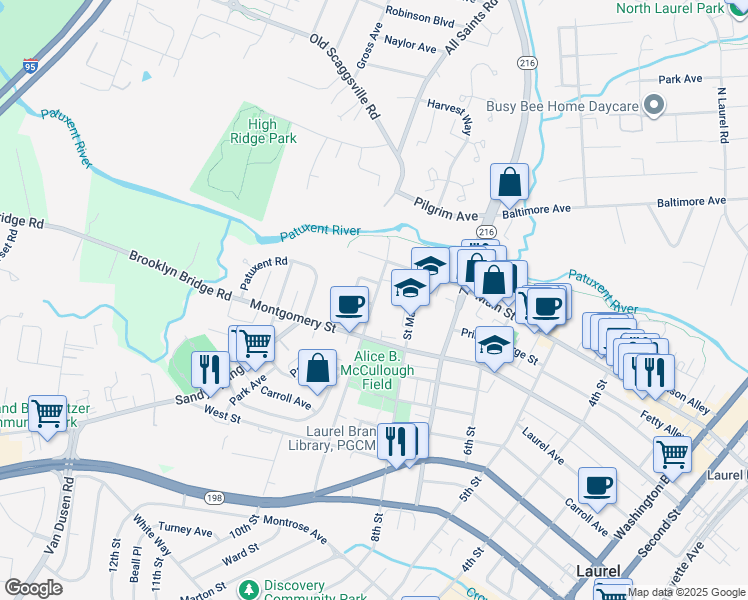 map of restaurants, bars, coffee shops, grocery stores, and more near 125 9th Street in Laurel
