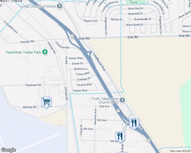 map of restaurants, bars, coffee shops, grocery stores, and more near 5302 Chestnut Road in Olivehurst