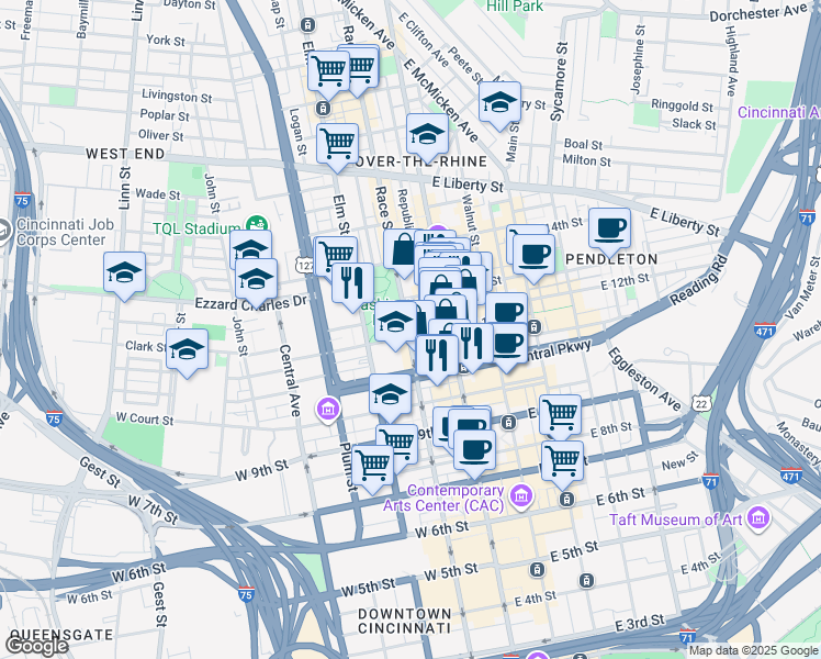 map of restaurants, bars, coffee shops, grocery stores, and more near in Cincinnati