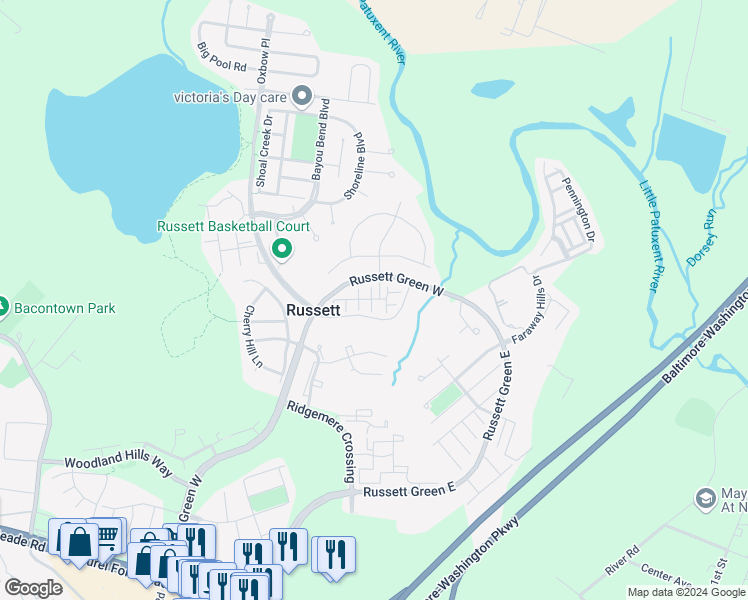 map of restaurants, bars, coffee shops, grocery stores, and more near 115 Blackbird Hill Lane in Laurel