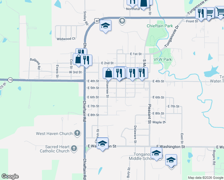 map of restaurants, bars, coffee shops, grocery stores, and more near 316 East 5th Street in Tonganoxie