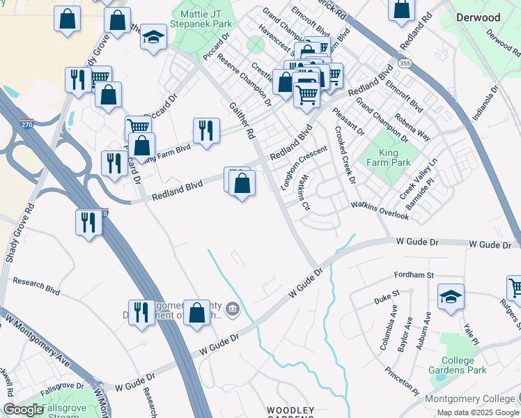 map of restaurants, bars, coffee shops, grocery stores, and more near 520 Gaither Road in Rockville