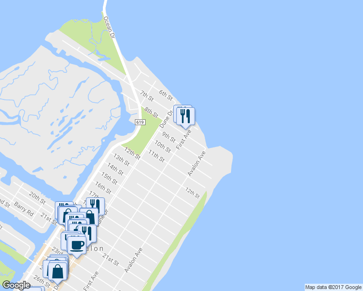 map of restaurants, bars, coffee shops, grocery stores, and more near 94 9th Street West in Avalon