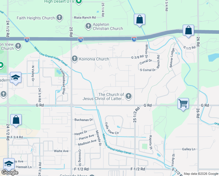 map of restaurants, bars, coffee shops, grocery stores, and more near 2526 G Road in Grand Junction