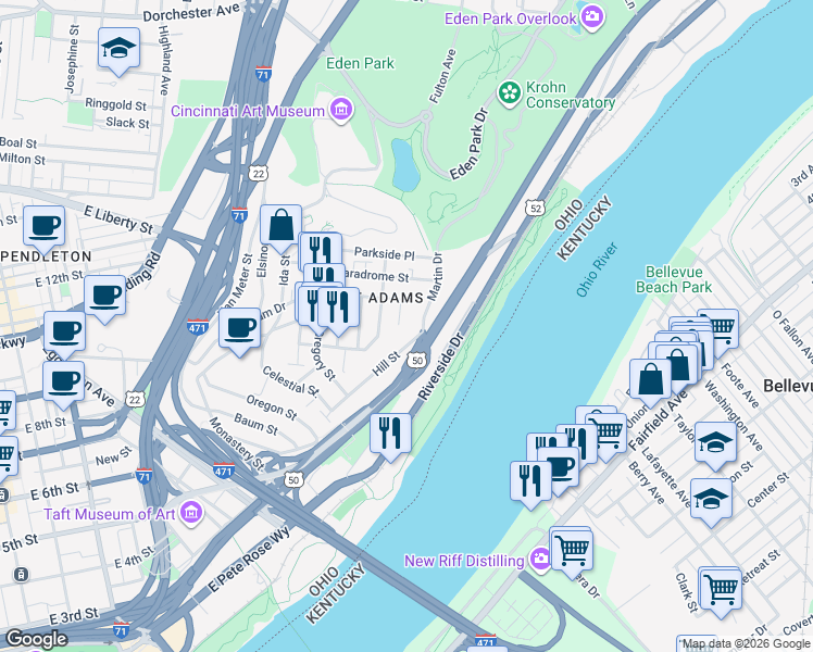 map of restaurants, bars, coffee shops, grocery stores, and more near 1206 Columbia Parkway in Cincinnati