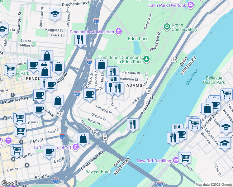 map of restaurants, bars, coffee shops, grocery stores, and more near 1110 Belvedere Street in Cincinnati