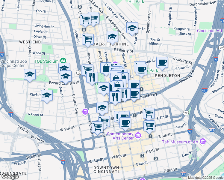 map of restaurants, bars, coffee shops, grocery stores, and more near in Cincinnati
