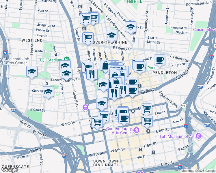 map of restaurants, bars, coffee shops, grocery stores, and more near in Cincinnati