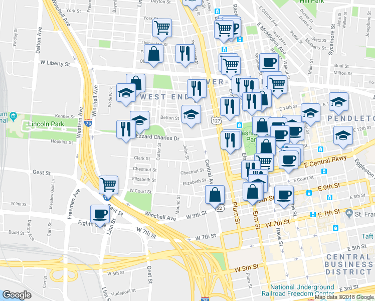 map of restaurants, bars, coffee shops, grocery stores, and more near 1213 John Street in Cincinnati