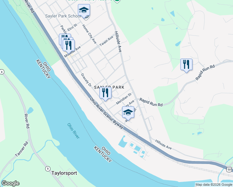 map of restaurants, bars, coffee shops, grocery stores, and more near 153 Meridian Street in Cincinnati