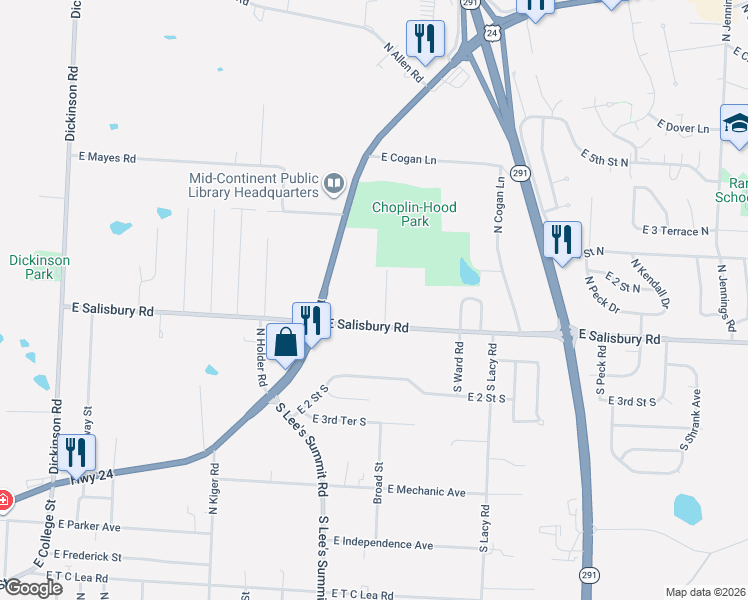 map of restaurants, bars, coffee shops, grocery stores, and more near 1607 North Trail Ridge Drive in Independence