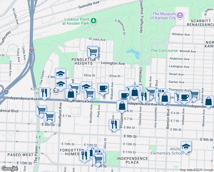 map of restaurants, bars, coffee shops, grocery stores, and more near 513 Park Avenue in Kansas City