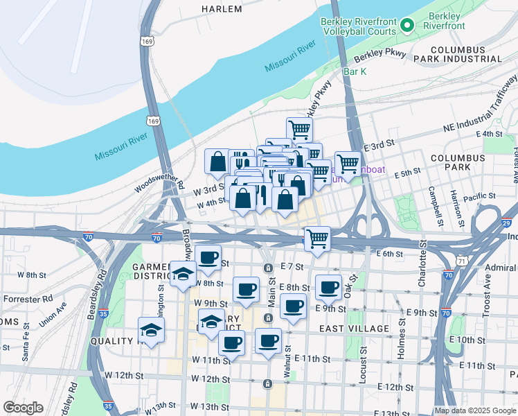 map of restaurants, bars, coffee shops, grocery stores, and more near 509 Delaware Street in Kansas City