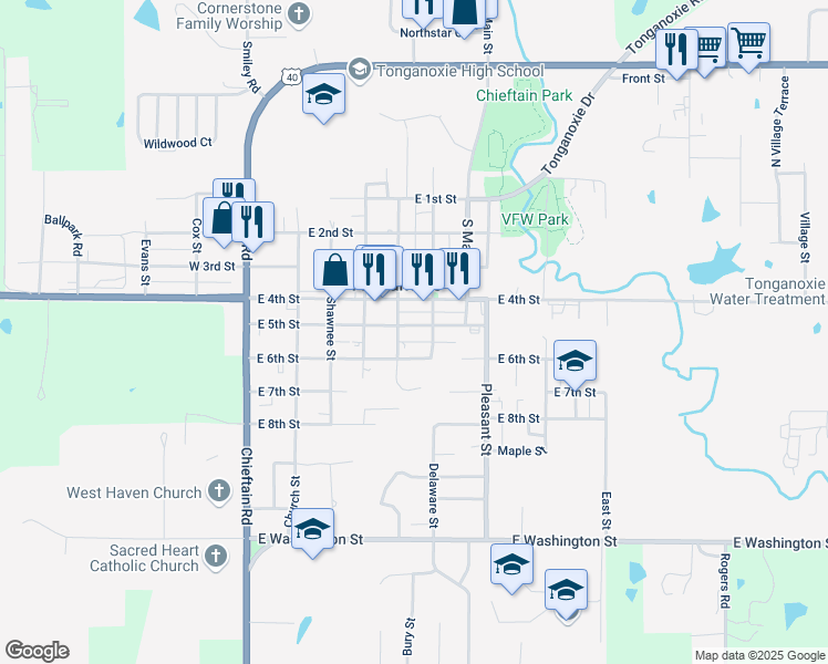 map of restaurants, bars, coffee shops, grocery stores, and more near 514 East 6th Street in Tonganoxie