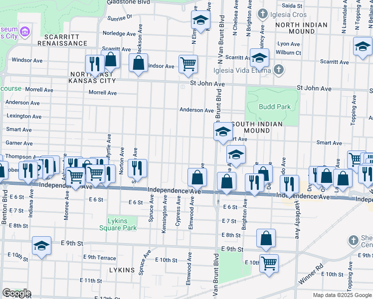 map of restaurants, bars, coffee shops, grocery stores, and more near 416 Elmwood Avenue in Kansas City