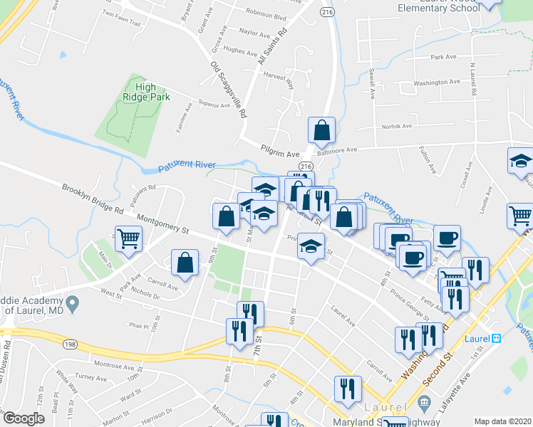 map of restaurants, bars, coffee shops, grocery stores, and more near 106 Saint Marys Place in Laurel