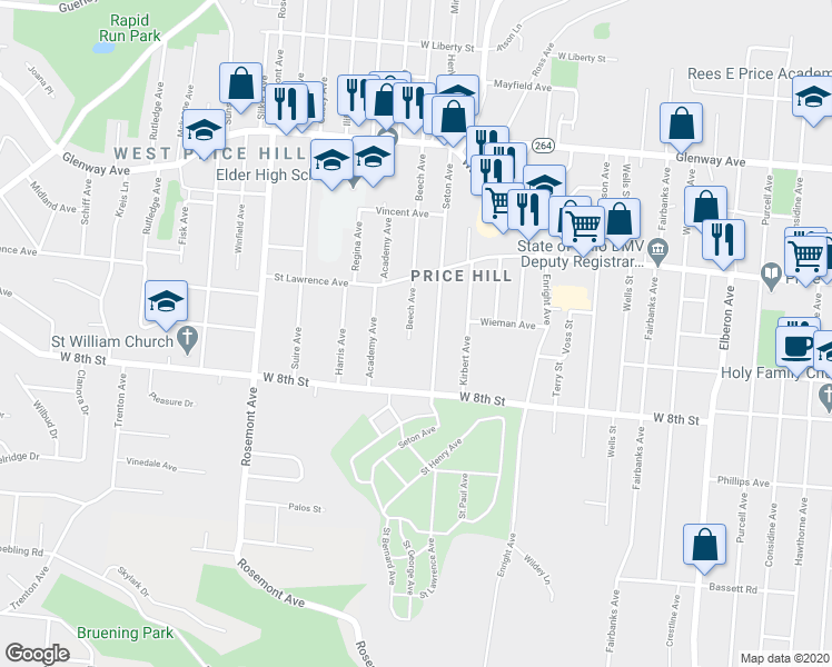 map of restaurants, bars, coffee shops, grocery stores, and more near 836 Beech Avenue in Cincinnati