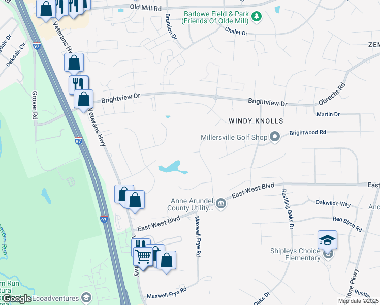 map of restaurants, bars, coffee shops, grocery stores, and more near 703 Coates Point Court in Millersville