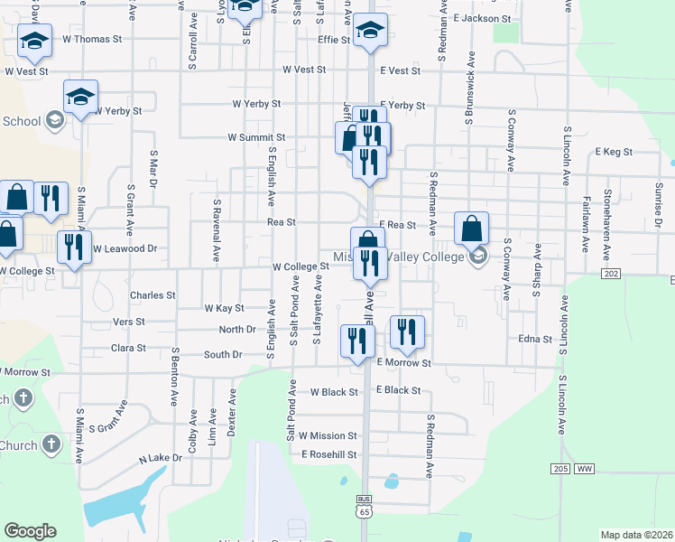 map of restaurants, bars, coffee shops, grocery stores, and more near 24 West College Street in Marshall