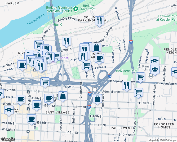 map of restaurants, bars, coffee shops, grocery stores, and more near 911 Pacific Street in Kansas City
