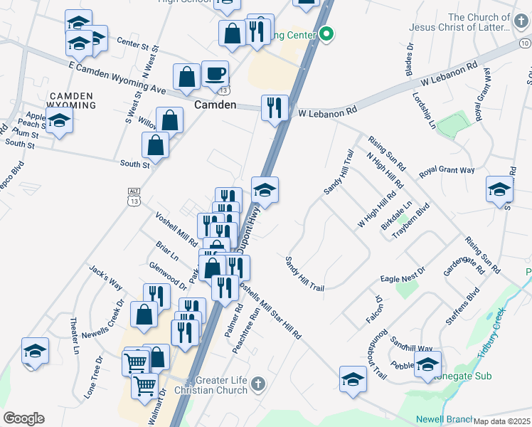 map of restaurants, bars, coffee shops, grocery stores, and more near 3337 South Dupont Highway in Camden