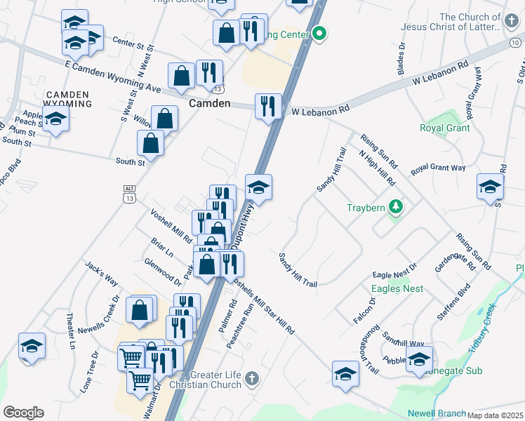 map of restaurants, bars, coffee shops, grocery stores, and more near 3337 South Dupont Highway in Camden