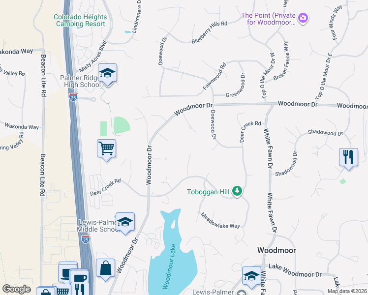map of restaurants, bars, coffee shops, grocery stores, and more near 19010 Burnt Leaf Way in Monument