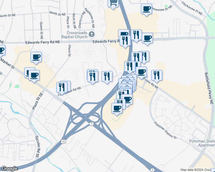 map of restaurants, bars, coffee shops, grocery stores, and more near 161 Fort Evans Road in Leesburg