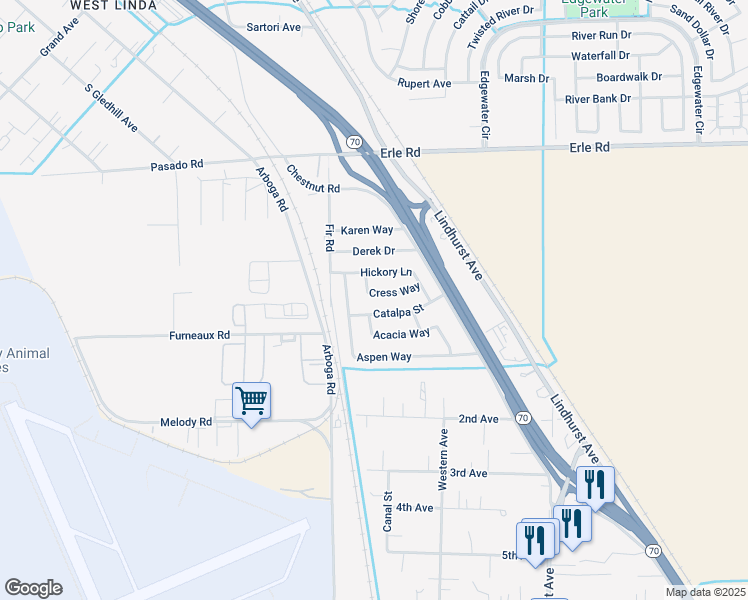 map of restaurants, bars, coffee shops, grocery stores, and more near 1548 Cress Way in Olivehurst