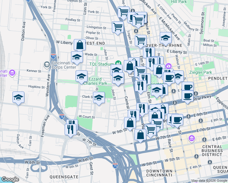 map of restaurants, bars, coffee shops, grocery stores, and more near 1213 John Street in Cincinnati