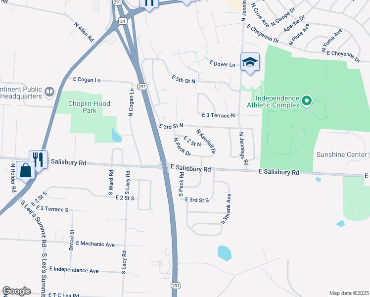 map of restaurants, bars, coffee shops, grocery stores, and more near 119 North Peck Drive in Independence