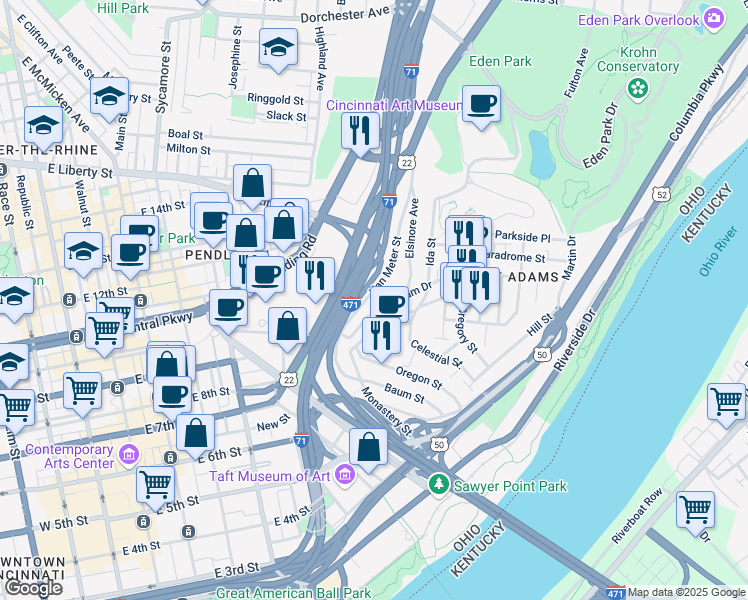 map of restaurants, bars, coffee shops, grocery stores, and more near 725 Van Meter Street in Cincinnati