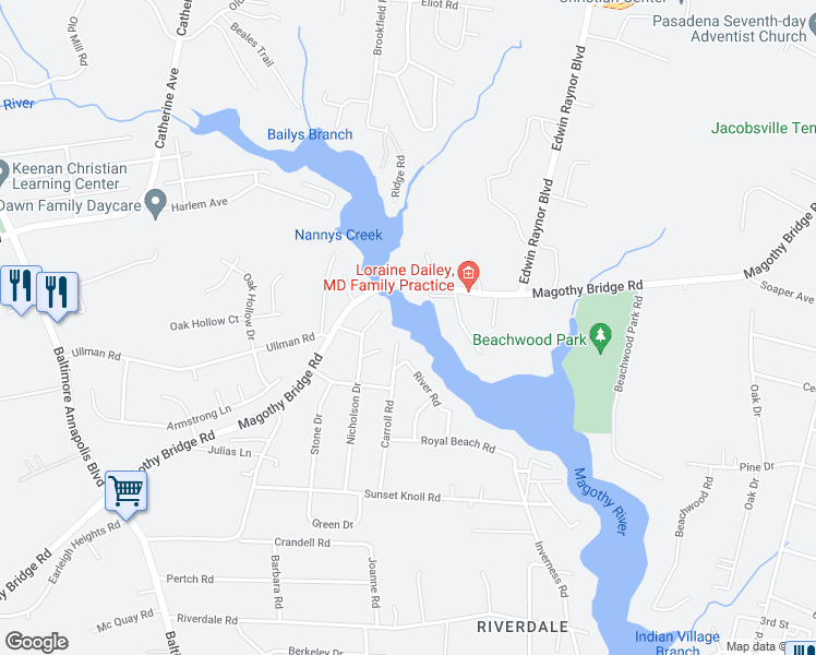 map of restaurants, bars, coffee shops, grocery stores, and more near 7 Carroll Road in Pasadena
