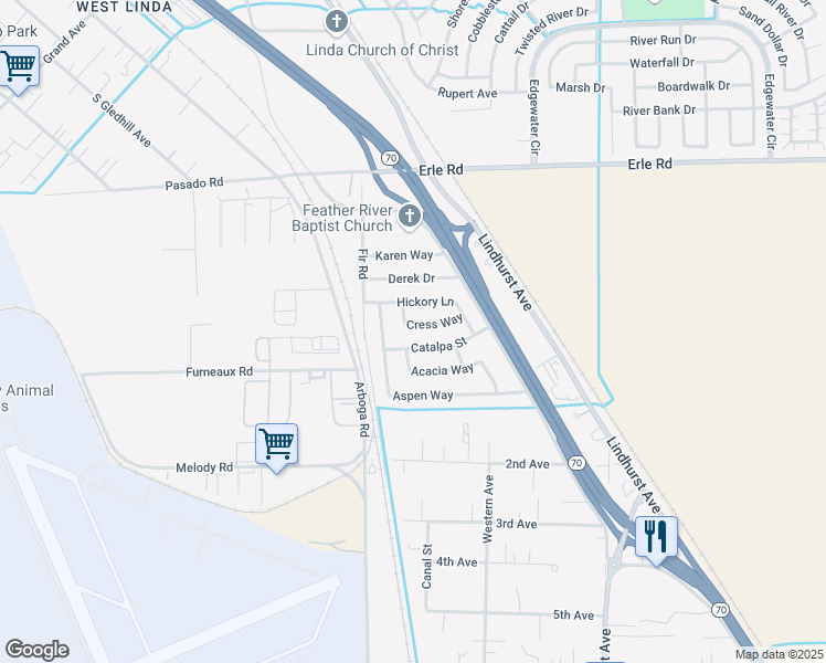 map of restaurants, bars, coffee shops, grocery stores, and more near 1548 Cress Way in Olivehurst