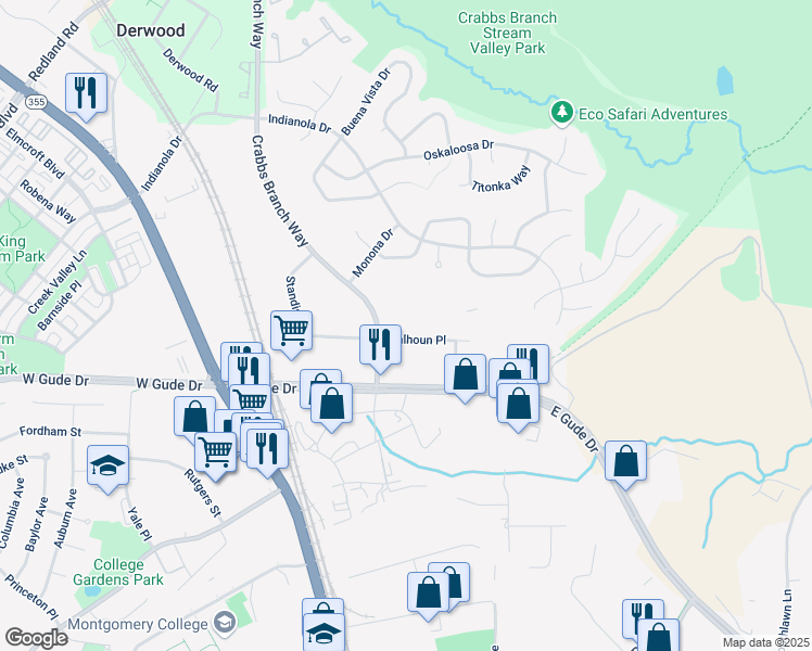 map of restaurants, bars, coffee shops, grocery stores, and more near 7361 Calhoun Place in Rockville