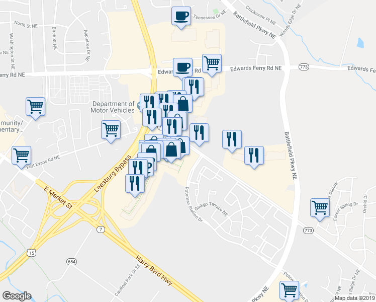 map of restaurants, bars, coffee shops, grocery stores, and more near 652 Fort Evans Road Northeast in Leesburg