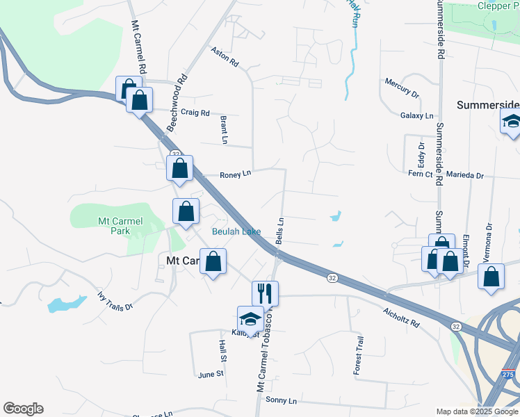 map of restaurants, bars, coffee shops, grocery stores, and more near 4615 Bells Lake Drive in Cincinnati