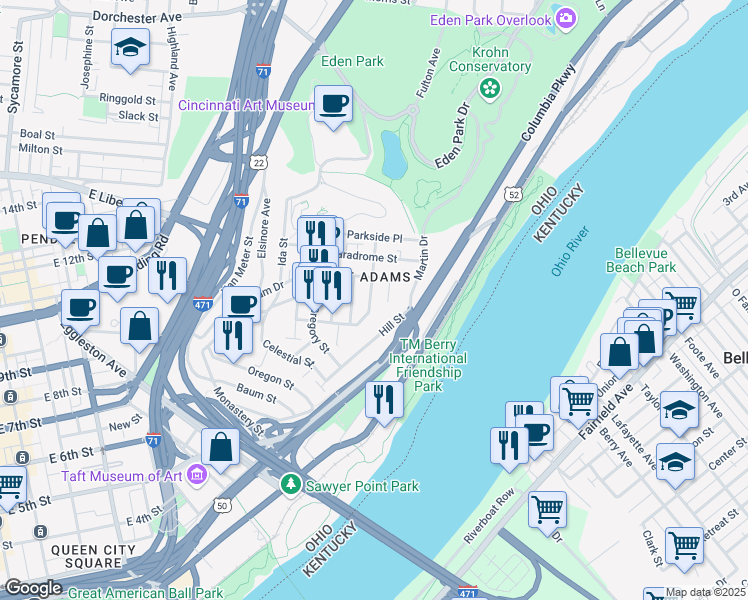 map of restaurants, bars, coffee shops, grocery stores, and more near 1112 Fort View Place in Cincinnati