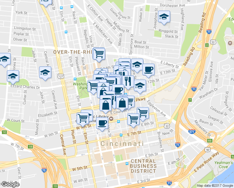 map of restaurants, bars, coffee shops, grocery stores, and more near 1112 Walnut Street in Cincinnati