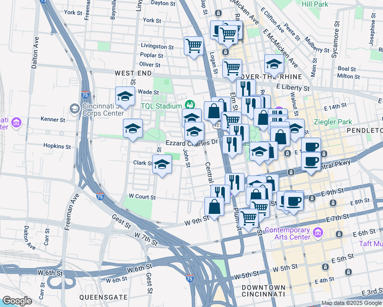 map of restaurants, bars, coffee shops, grocery stores, and more near 415 Hopkins Street in Cincinnati
