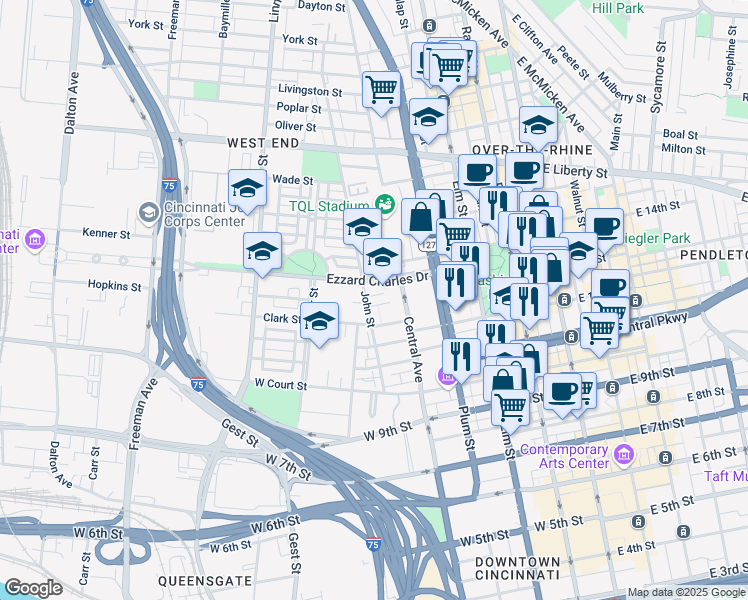 map of restaurants, bars, coffee shops, grocery stores, and more near 415 Hopkins Street in Cincinnati