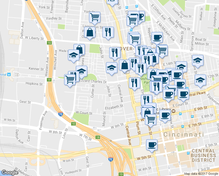 map of restaurants, bars, coffee shops, grocery stores, and more near 1213 John Street in Cincinnati
